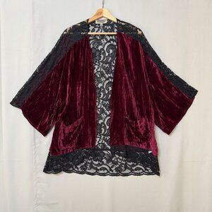 UO Ecote Burgundy Crushed Velvet Black Lace Open Front Kimono Tunic Size XS/S